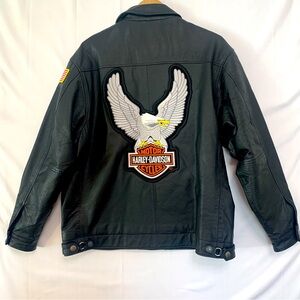 Men’s Black Leather Jacket With Assorted Patches Size Medium